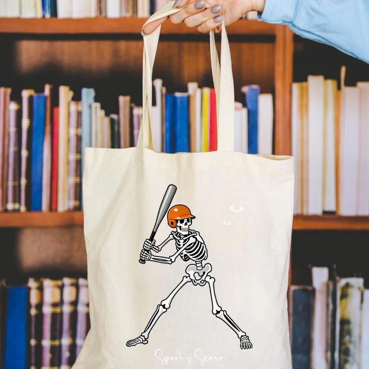 Spooky Season Skeleton Baseball Player Halloween Batter Canvas Tote Bag