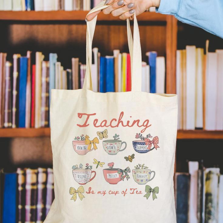 Teaching Is My Cup Of Tea Coquette Bow Floral Back To School Canvas Tote Bag Teaching Is My Cup Of Tea Coquette Bow Floral Back To School Canvas Tote Bag