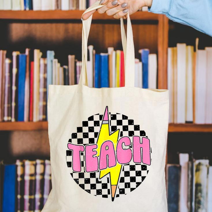 Women Checkered Teach Pencil Lightning Bolt Back To School Canvas Tote Bag