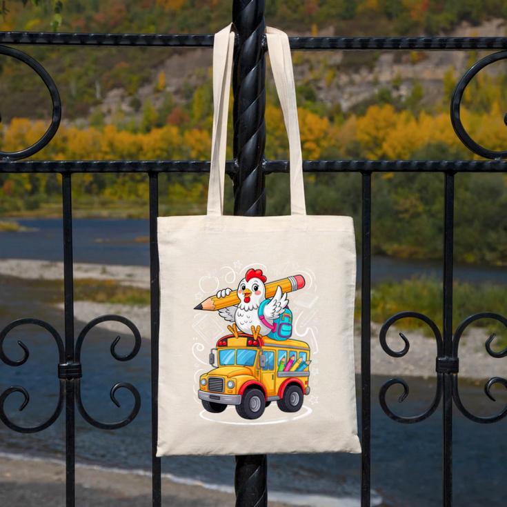 Back To School Chicken School Bus 100 Days Of School Canvas Tote Bag