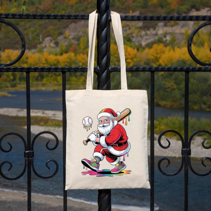 Baseball Christmas Santa Claus Batter Baseball Drip Canvas Tote Bag
