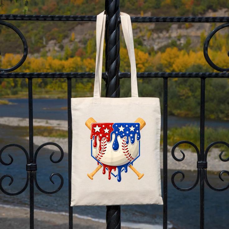 Baseball Drip American Flag Home Plate 4th Of July Patriotic Canvas Tote Bag