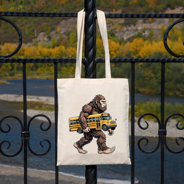 Bigfoot Carrying School Bus Sasquatch Back To School Canvas Tote Bag