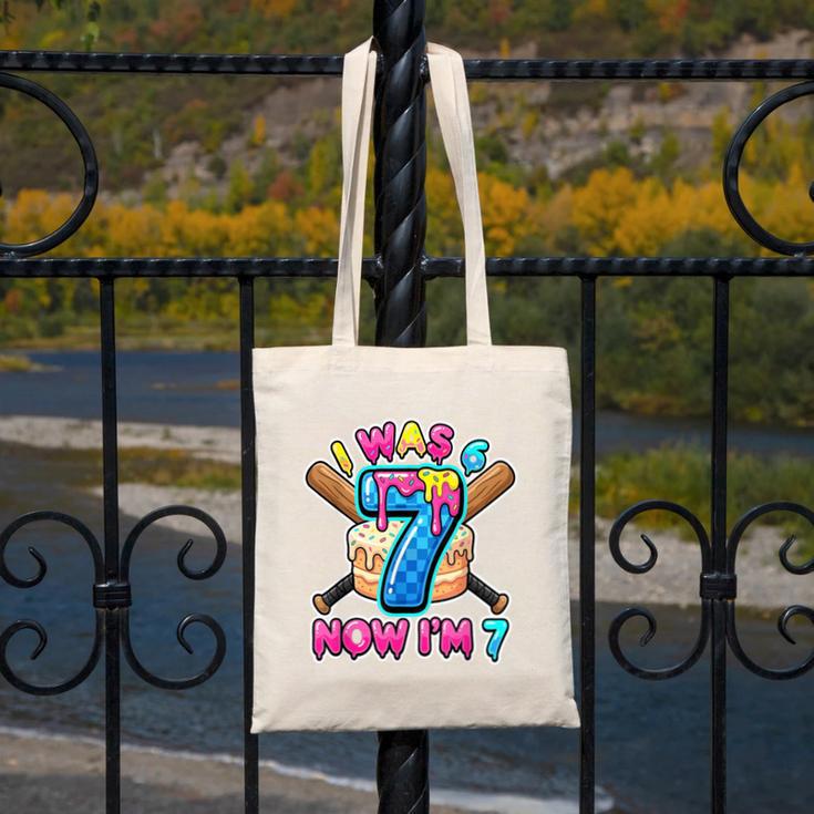 Blue Checkered I Was 6 Now I'm 7 Birthday Cake Baseball Drip Canvas Tote Bag