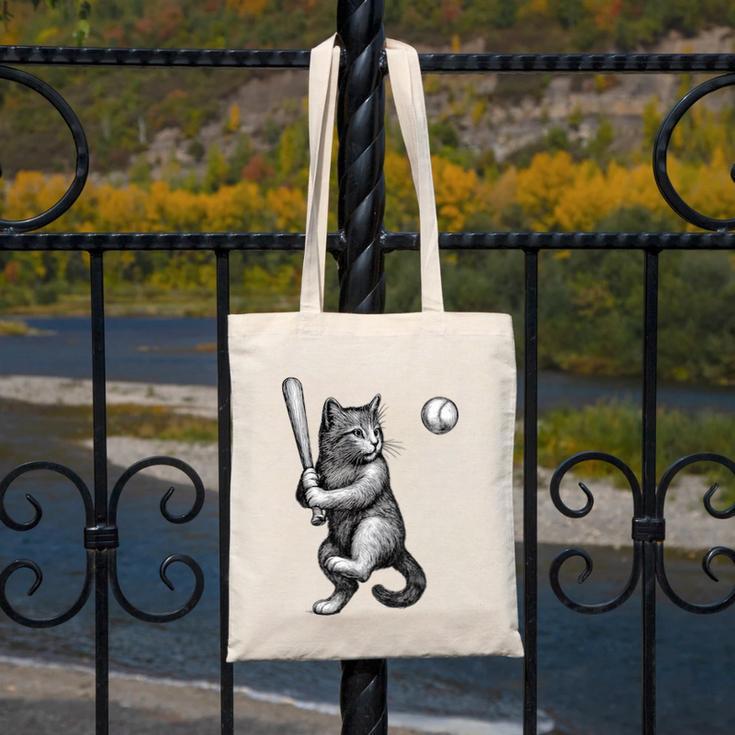 Cute Kitten Playing Baseball Hitter Bat Cool Baseball Cat Canvas Tote Bag