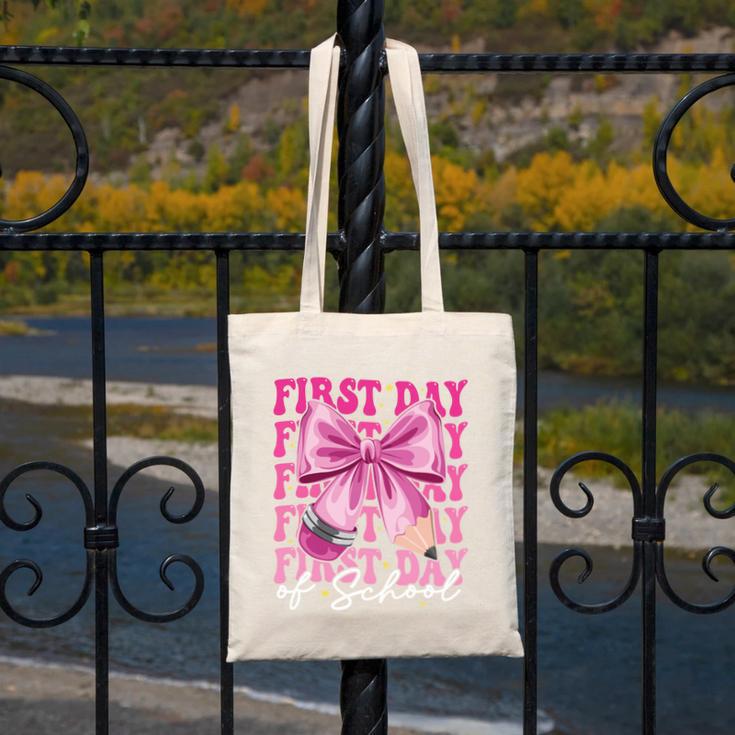 First Day Of School Girls Coquette Bow Back To School Performance Canvas Tote Bag First Day Of School Girls Coquette Bow Back To School Performance Canvas Tote Bag