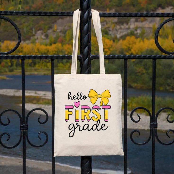 Hello First Grade For Girls Boys Cute Back To School Pencil Canvas Tote Bag