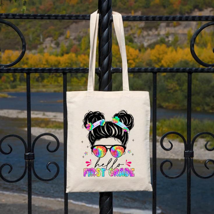 Hello First Grade Shirt Messy Bun Tie Dye Back To School Canvas Tote Bag Hello First Grade Shirt Messy Bun Tie Dye Back To School Canvas Tote Bag