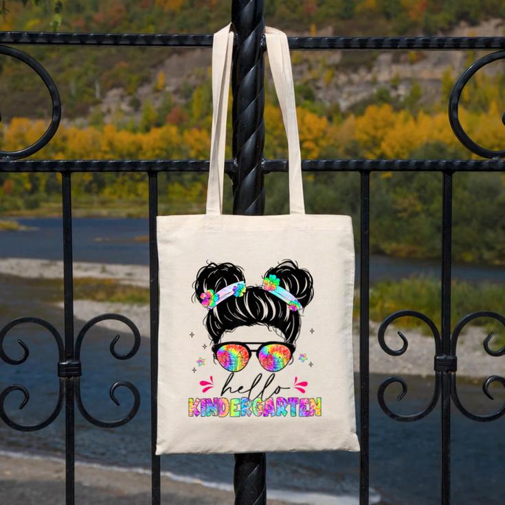 Hello Kindergarten Shirt Messy Bun Tie Dye Back To School Canvas Tote Bag Hello Kindergarten Shirt Messy Bun Tie Dye Back To School Canvas Tote Bag