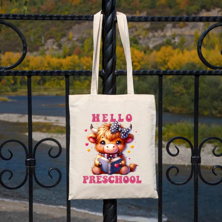 Hello Preschool Cute Highland Cow Lover Back To School Canvas Tote Bag Hello Preschool Cute Highland Cow Lover Back To School Canvas Tote Bag