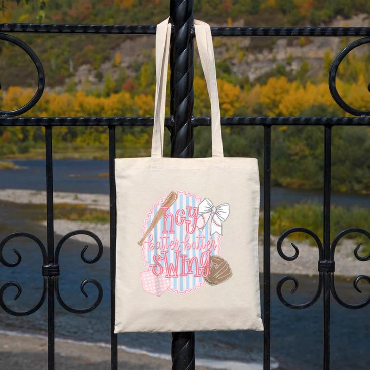 Hey Batter Batter Swing Baseball Game Day Coquette Bow Girly Canvas Tote Bag