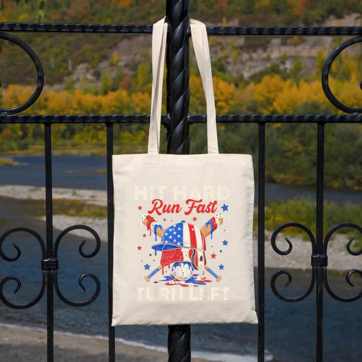 Hit Hard Run Fast Turn Left Baseball Cream Drip Crossed Bats Canvas Tote Bag