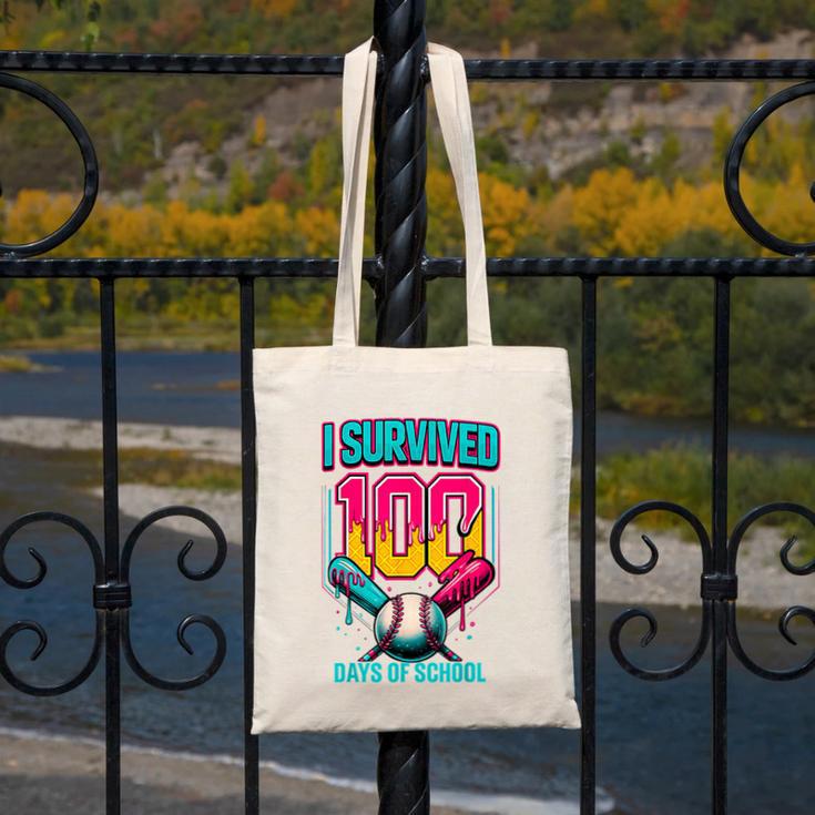 HUGvyn I Survived 100 Days Baseball Teacher Ice Cream Drip Canvas Tote Bag