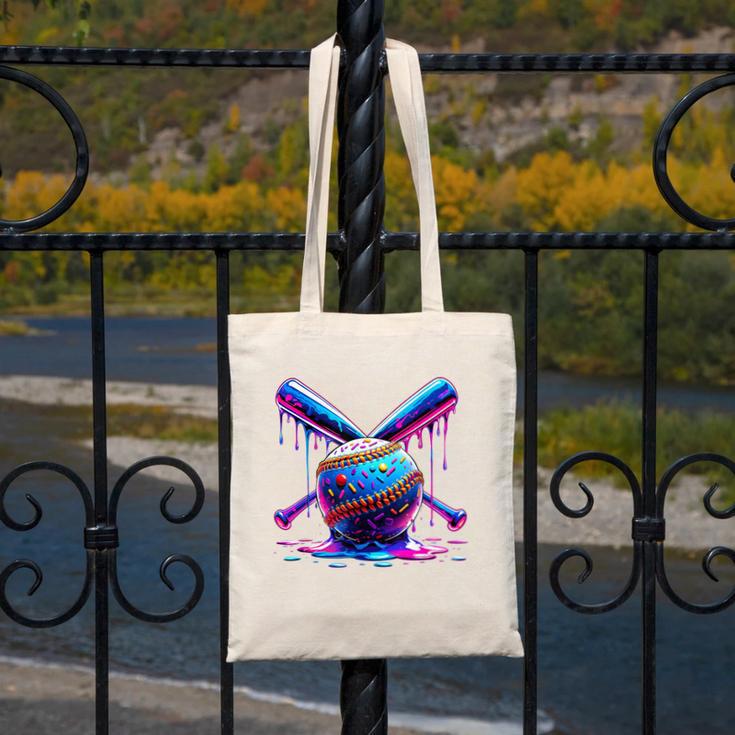 Neon Dripping Baseball And Bats Colorful Sports Art Canvas Tote Bag
