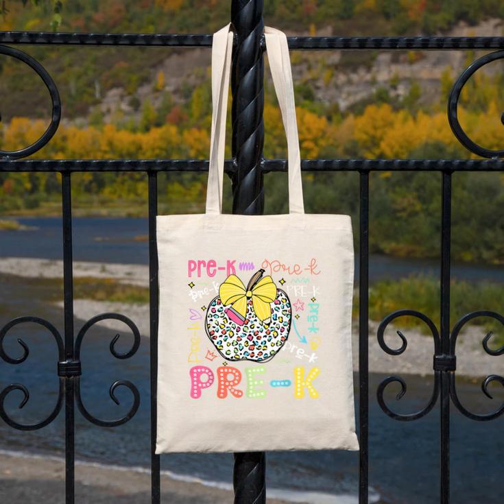 Pre-K Typography First Day Back To School Leopard Apple Canvas Tote Bag