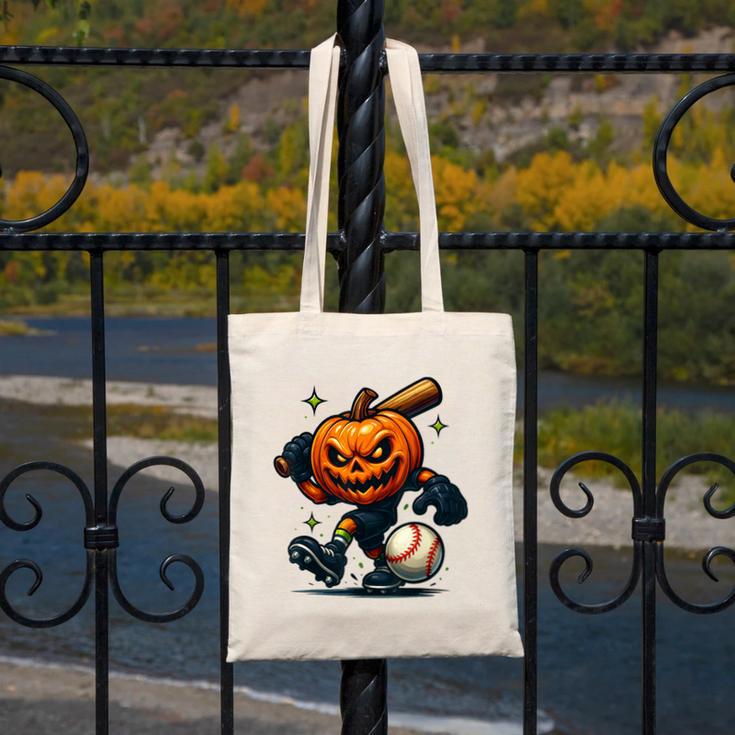 Spooky Halloween Scary Pumpkin Baseball Player Witchy Vibes Canvas Tote Bag