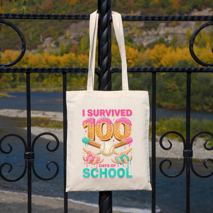 I Survived 100 Days Of School Baseball Ice Cream Drip Canvas Tote Bag