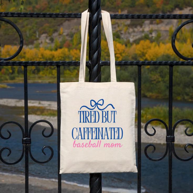 Tired But Caffeinated Baseball Mom Trendy Tired Baseball Mom Canvas Tote Bag