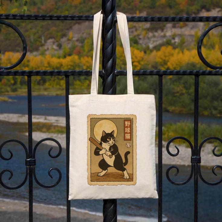 Vintage Japanese Ukiyo-e Baseball Cat Batting Canvas Tote Bag