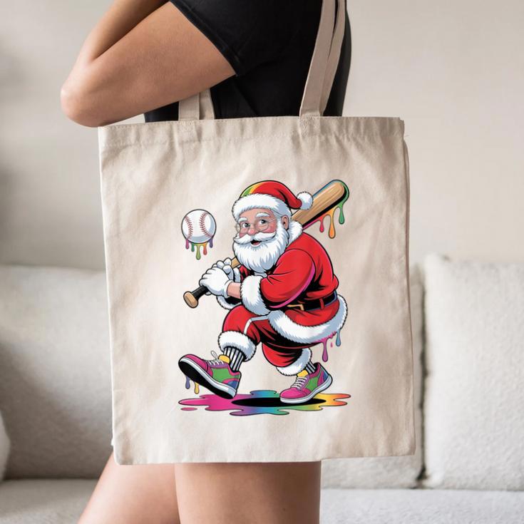Baseball Christmas Santa Claus Batter Baseball Drip Canvas Tote Bag