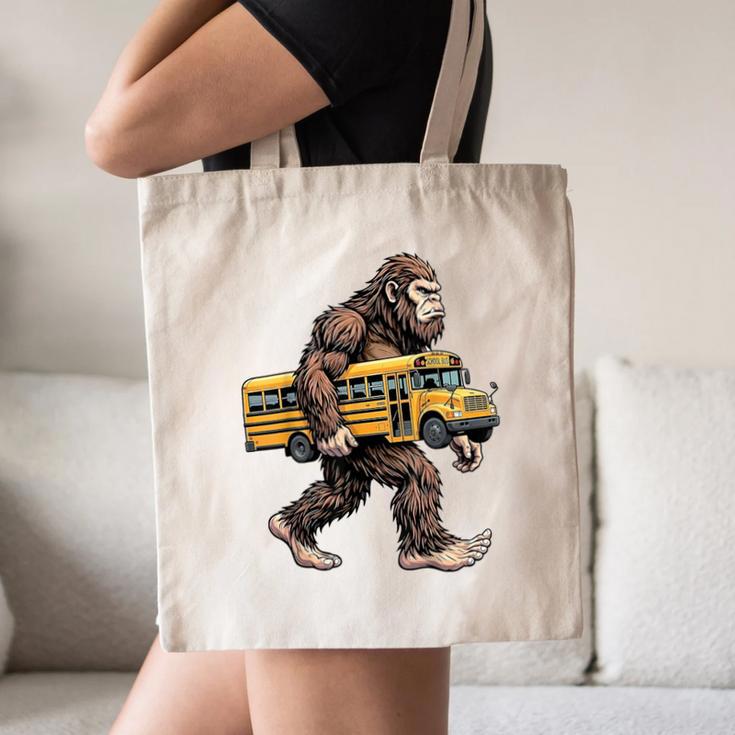 Bigfoot Carrying School Bus Sasquatch Back To School Canvas Tote Bag