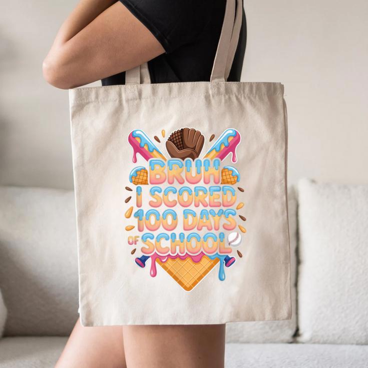 Bruh I Scored 100 Days Of School Baseball Ice Cream Drip Tee Canvas Tote Bag