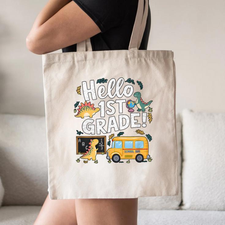 Cute Hello 1st Grade Dinosaur School Back To School Dino Bus Canvas Tote Bag Cute Hello 1st Grade Dinosaur School Back To School Dino Bus Canvas Tote Bag