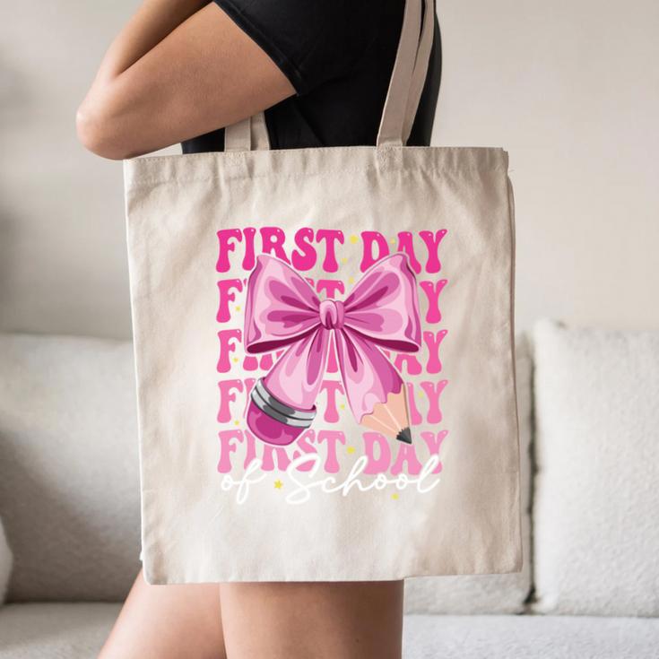 First Day Of School Girls Coquette Bow Back To School Performance Canvas Tote Bag First Day Of School Girls Coquette Bow Back To School Performance Canvas Tote Bag