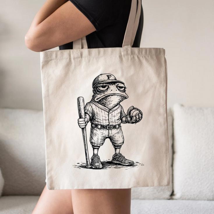 Frog Basketbal Men Women Grumpy Frog Playing Baseball Canvas Tote Bag