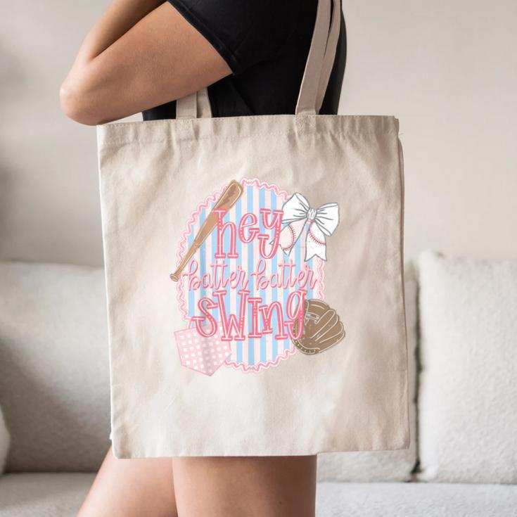 Hey Batter Batter Swing Baseball Game Day Coquette Bow Girly Canvas Tote Bag