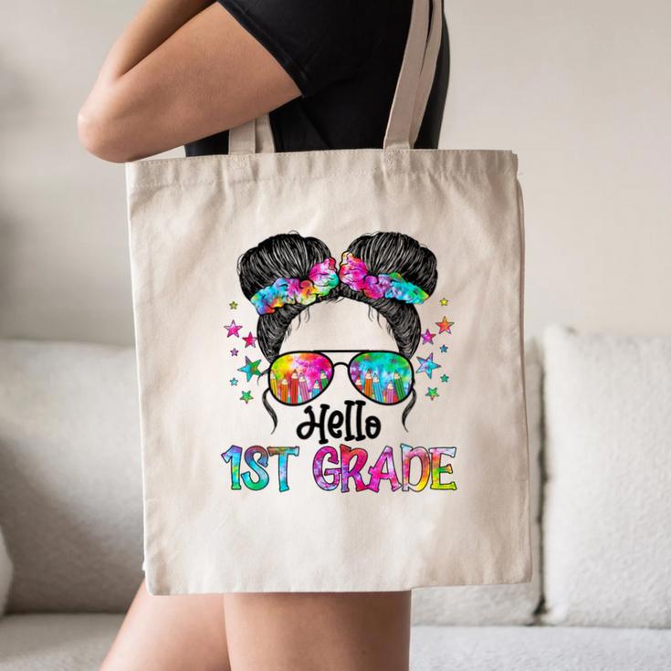 Messy Hair Bun Girl Back To School First Day Hello 1st Grade Canvas Tote Bag