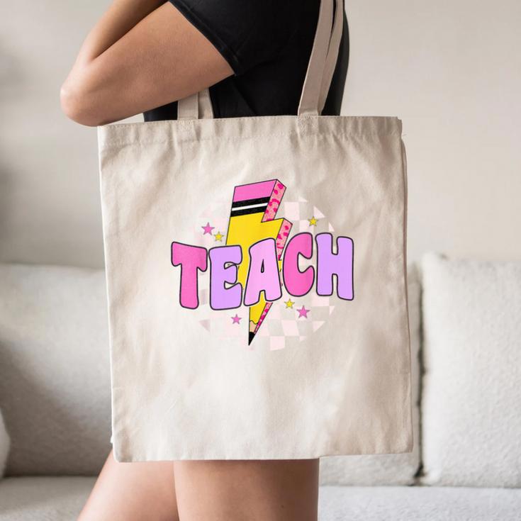 Retro Checkered Teach Pencil Lightning Back To School Canvas Tote Bag