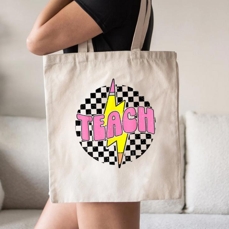 Women Checkered Teach Pencil Lightning Bolt Back To School Canvas Tote Bag
