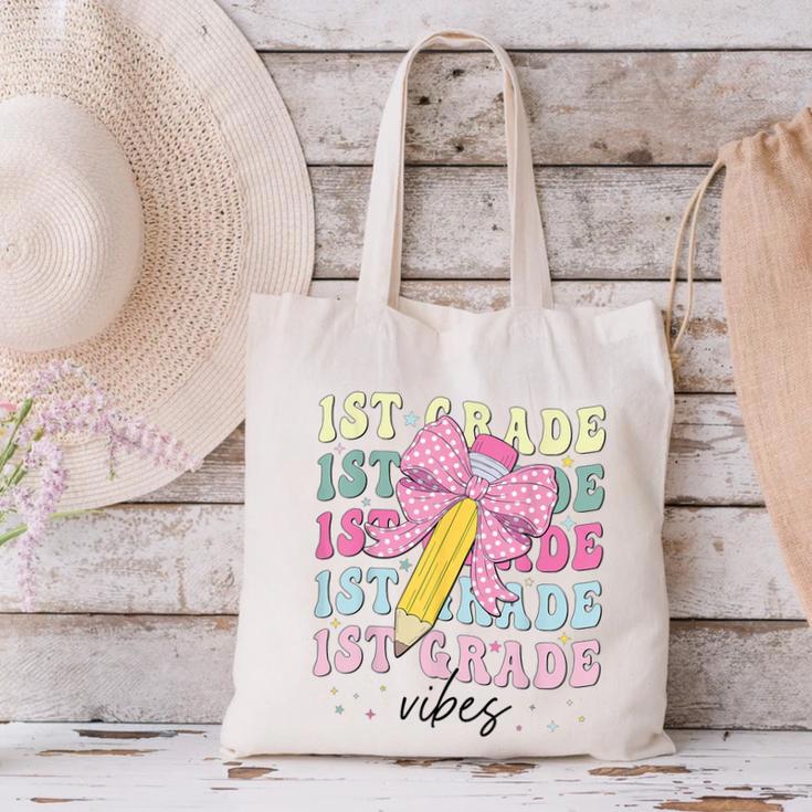 1st Grade Vibes Girl Coquette Bow First Grade Back To School Canvas Tote Bag 1st Grade Vibes Girl Coquette Bow First Grade Back To School Canvas Tote Bag