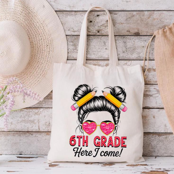 6th Grade Here I Come Messy Bun Hair Back To School Girls Canvas Tote Bag