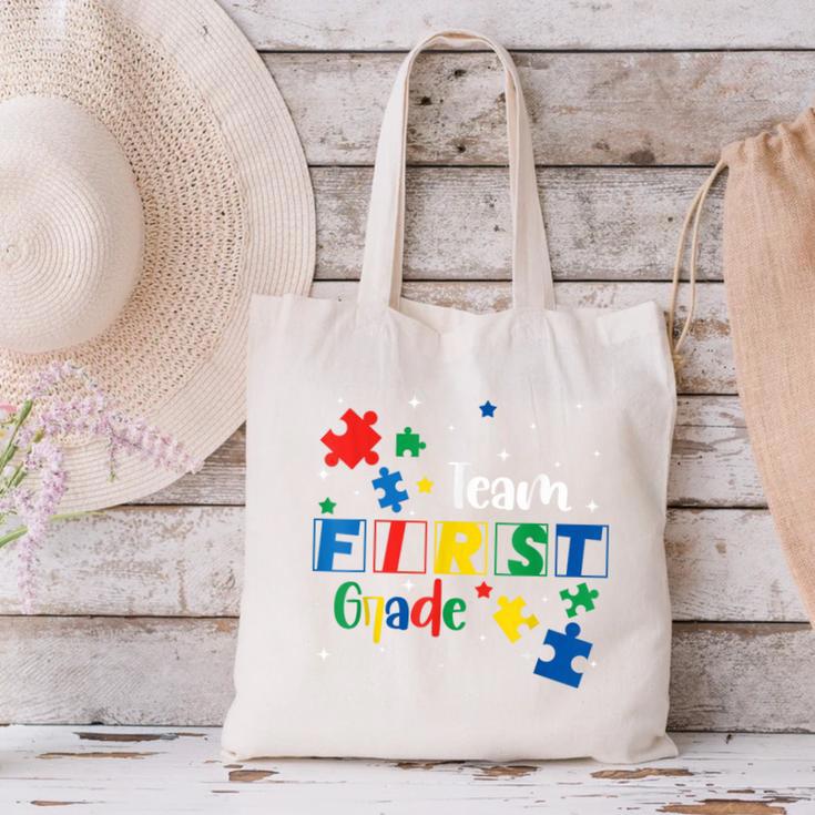 Back To School Autism Puzzle Pieces Autistic First Grade ASD Canvas Tote Bag Back To School Autism Puzzle Pieces Autistic First Grade ASD Canvas Tote Bag