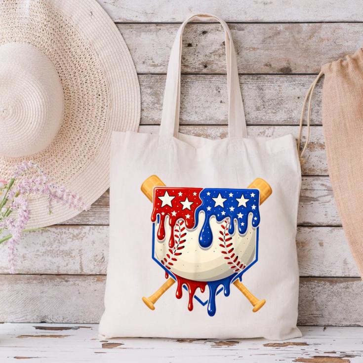 Baseball Drip American Flag Home Plate 4th Of July Patriotic Canvas Tote Bag