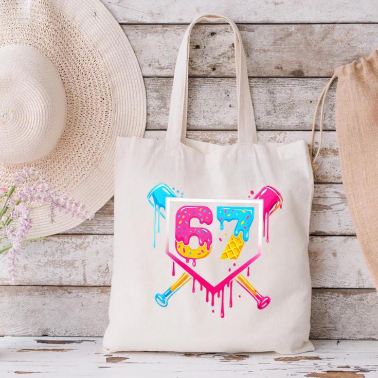 Baseball Ice Cream Drip 67 Meme Six Seven 67th Birthday Canvas Tote Bag