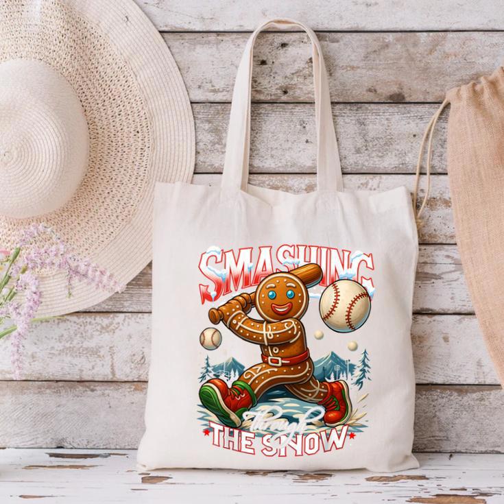 Baseball Player Christmas Gingerbread Smashing Through Snow Canvas Tote Bag
