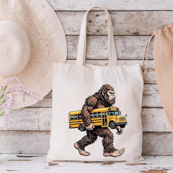 Bigfoot Carrying School Bus Sasquatch Back To School Canvas Tote Bag