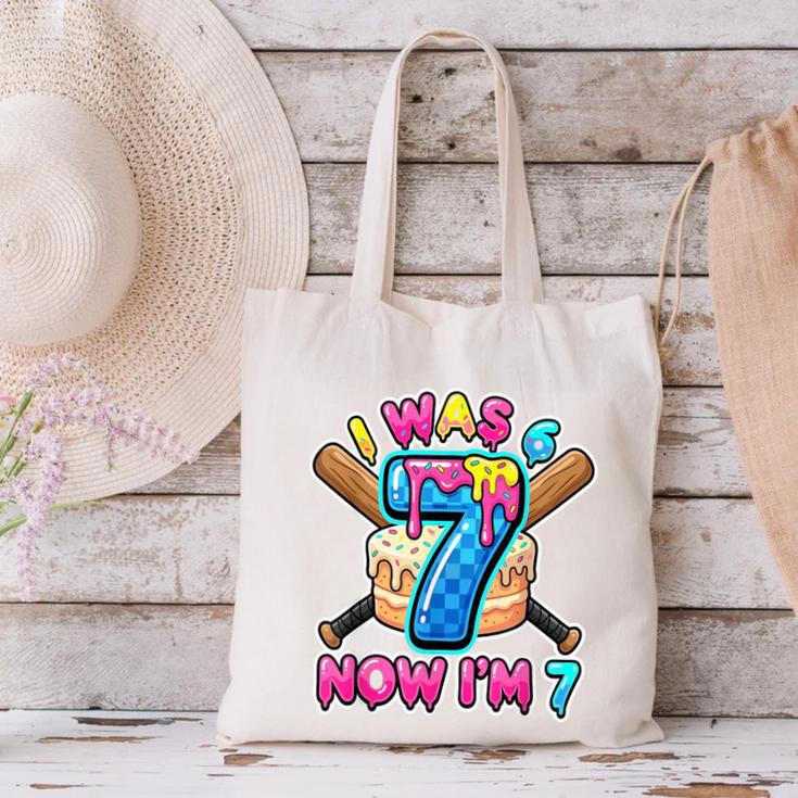 Blue Checkered I Was 6 Now I'm 7 Birthday Cake Baseball Drip Canvas Tote Bag