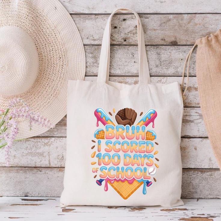 Bruh I Scored 100 Days Of School Baseball Ice Cream Drip Tee Canvas Tote Bag