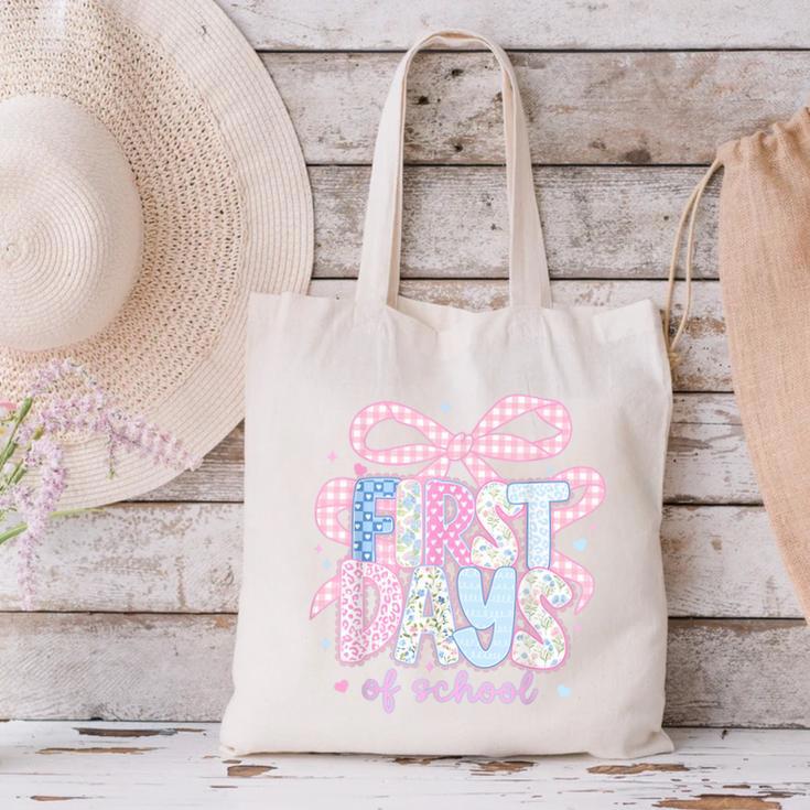 Coquette Bow Happy First Day Of School Back To School Retro Canvas Tote Bag Coquette Bow Happy First Day Of School Back To School Retro Canvas Tote Bag