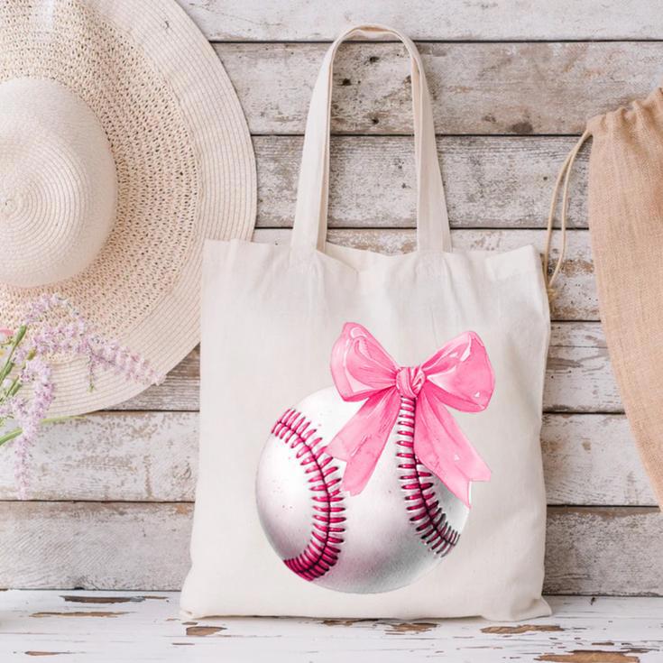 Cute Coquette Baseball Pink Bow Player & Fan Girls Canvas Tote Bag