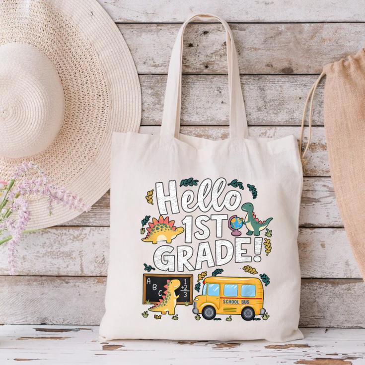 Cute Hello 1st Grade Dinosaur School Back To School Dino Bus Canvas Tote Bag Cute Hello 1st Grade Dinosaur School Back To School Dino Bus Canvas Tote Bag