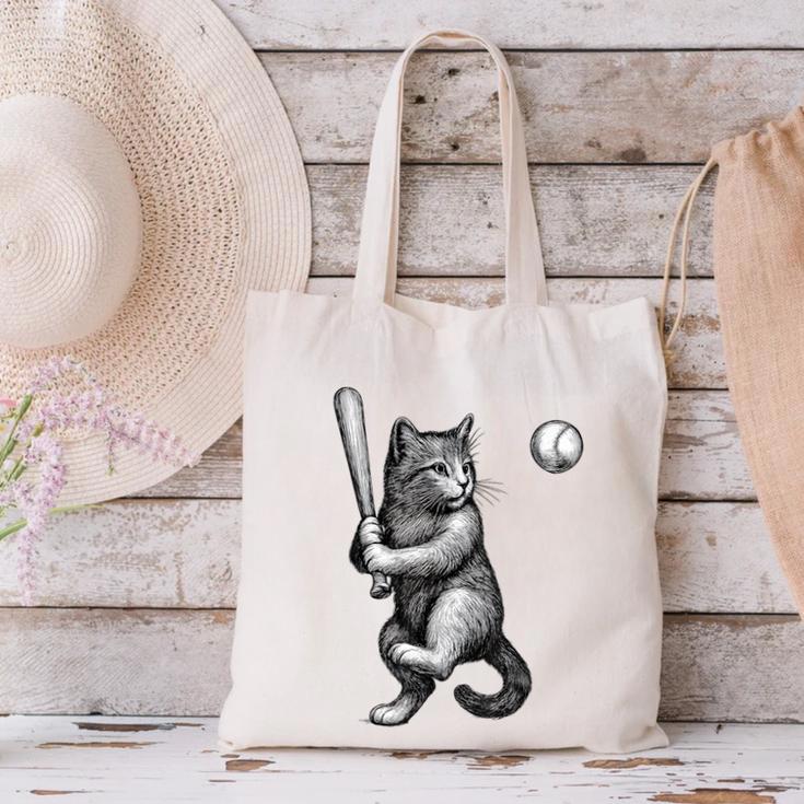 Cute Kitten Playing Baseball Hitter Bat Cool Baseball Cat Canvas Tote Bag