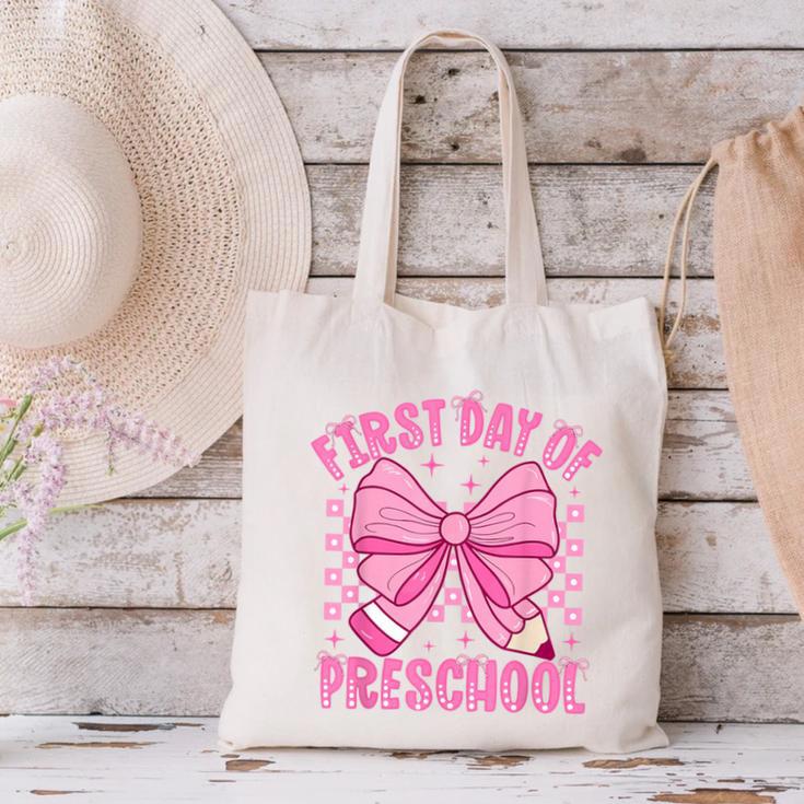 First Day Of Preschool Coquette Bow Back To School Girls Canvas Tote Bag First Day Of Preschool Coquette Bow Back To School Girls Canvas Tote Bag