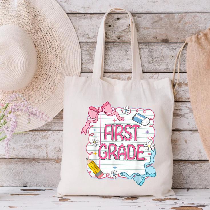 First Grade Back To School Girls Kids Coquette Bows Retro Canvas Tote Bag First Grade Back To School Girls Kids Coquette Bows Retro Canvas Tote Bag