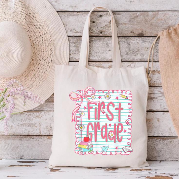 First Grade Coquette Bow Pink Preppy Back To School Girls Canvas Tote Bag