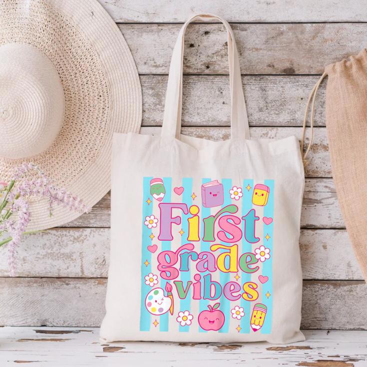 First Grade Vibes Cute Groovy Back To School 1st Grade Girls Canvas Tote Bag First Grade Vibes Cute Groovy Back To School 1st Grade Girls Canvas Tote Bag